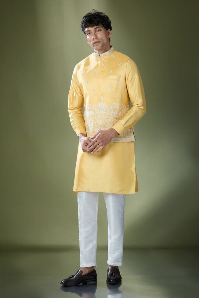 Yellow Embroidered Kurta-Jacket Set