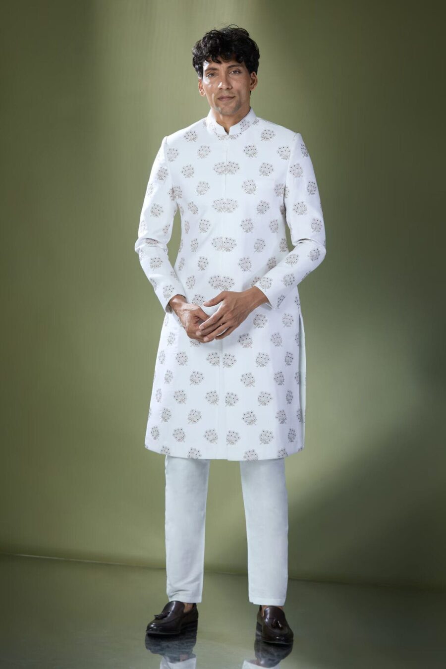 Off White Embroidered Achkan Set