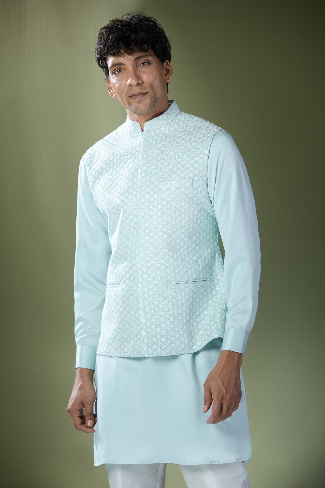 Aqua Blue Embroidered Kurta-Jacket