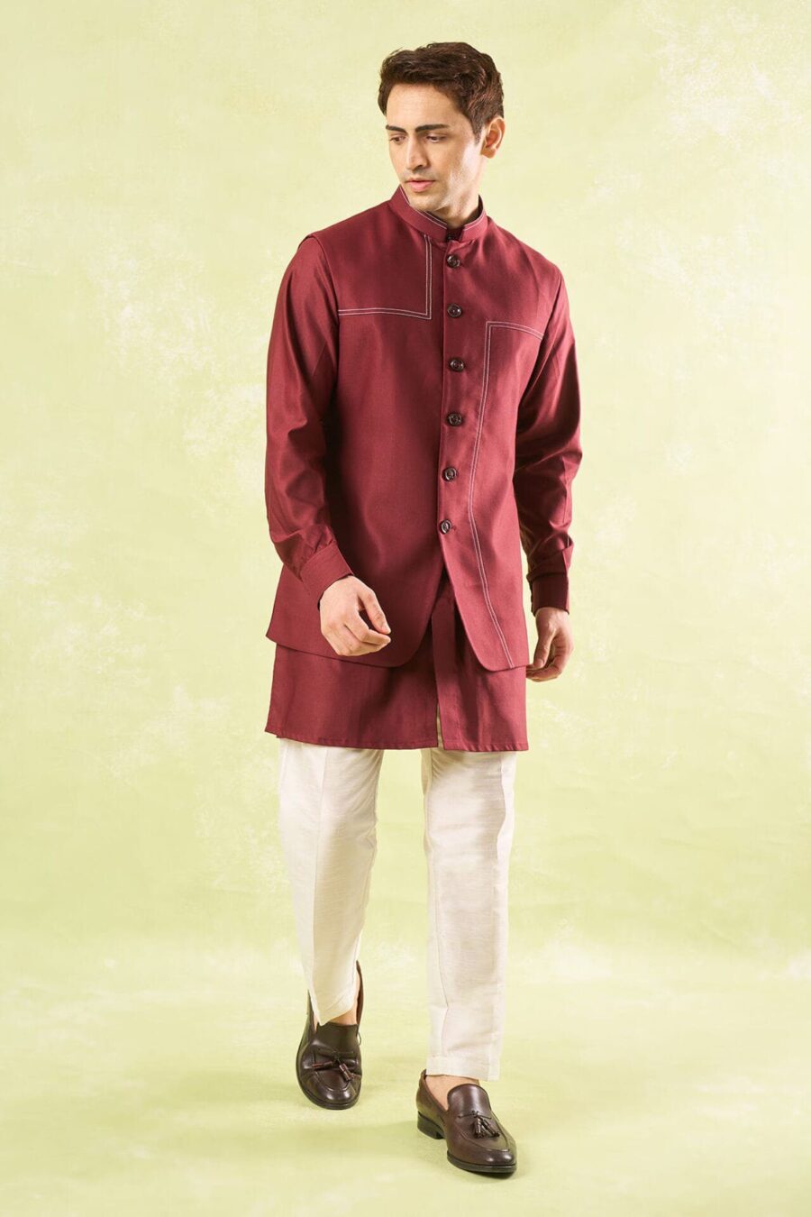 Maroon Running Stitch Kurta-Bundi S