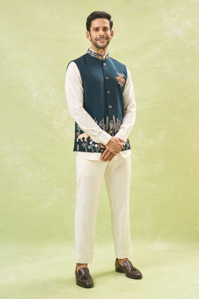 Bottle Green Embroidered Nehru Jack