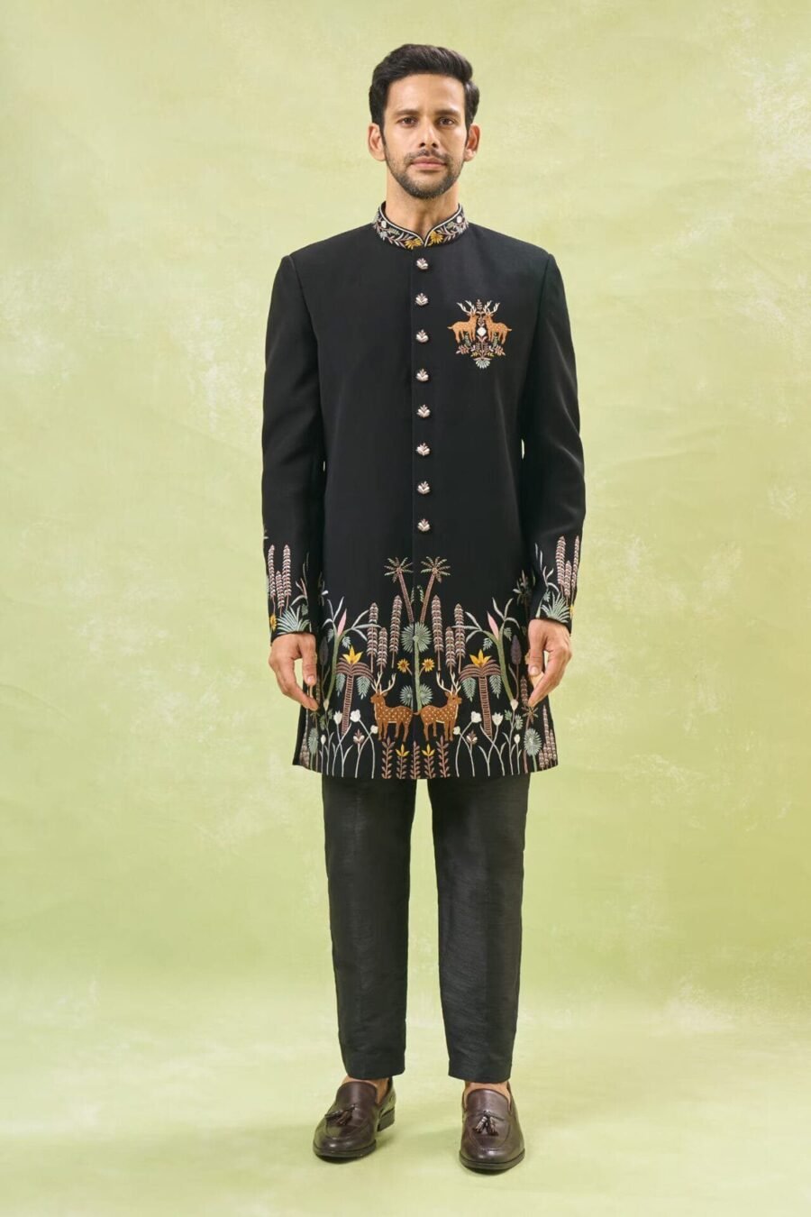 Black Wildlife Embroidered Achkan S