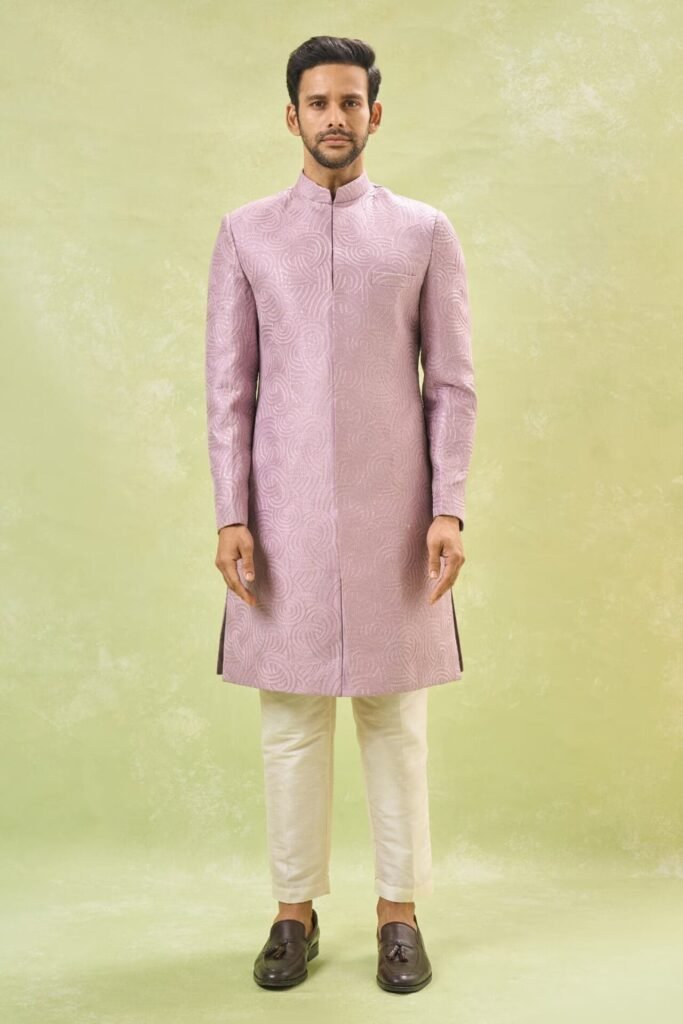 Purple Embroidered Achkan Set