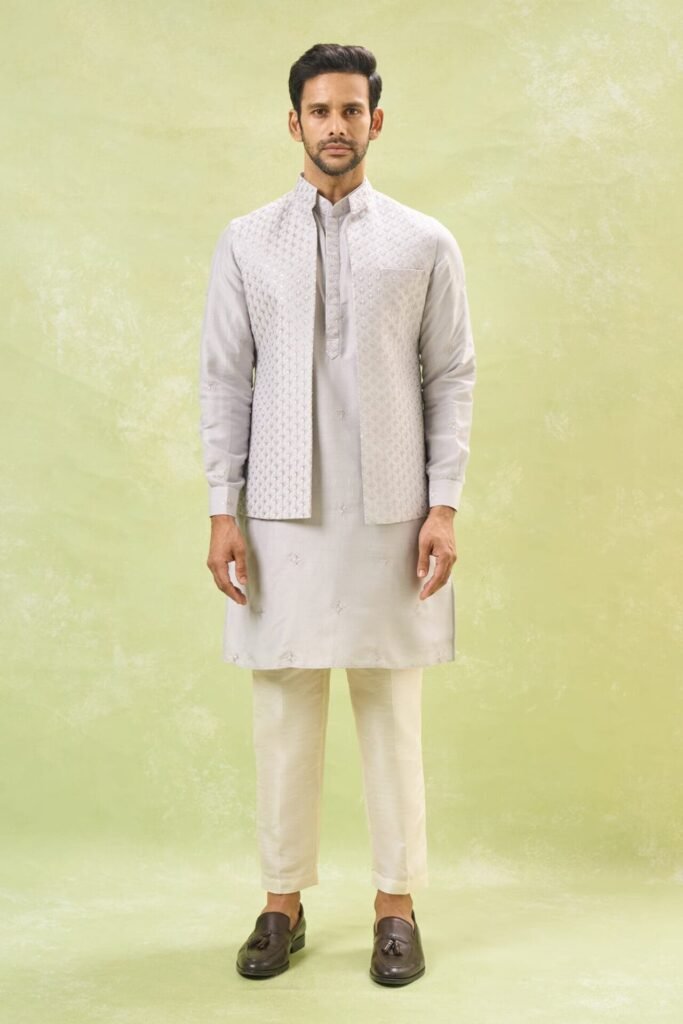 Grey Embroidered Kurta-Jacket Set