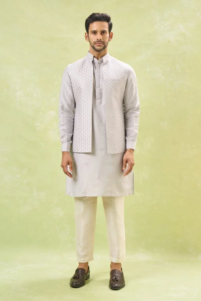 Grey Embroidered Kurta-Jacket Set