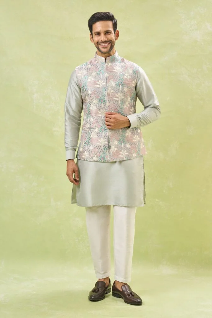 Grey Embroidered Kurta-Jacket Set