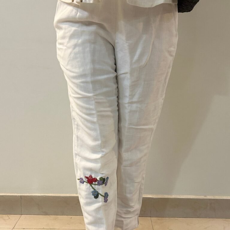 White Serene Stitch Linen Trouser