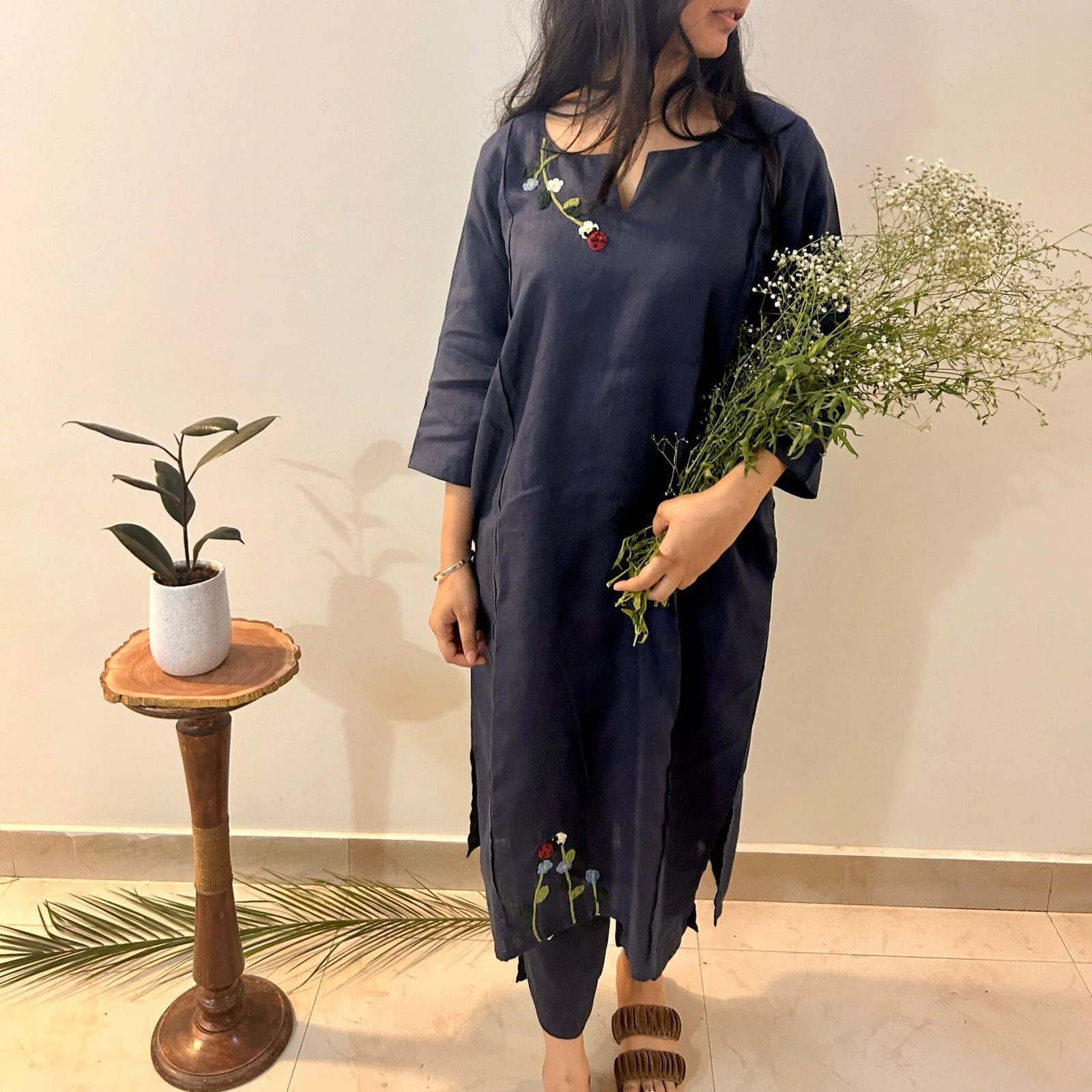 Indigo Bloom Linen Set of Dress & T
