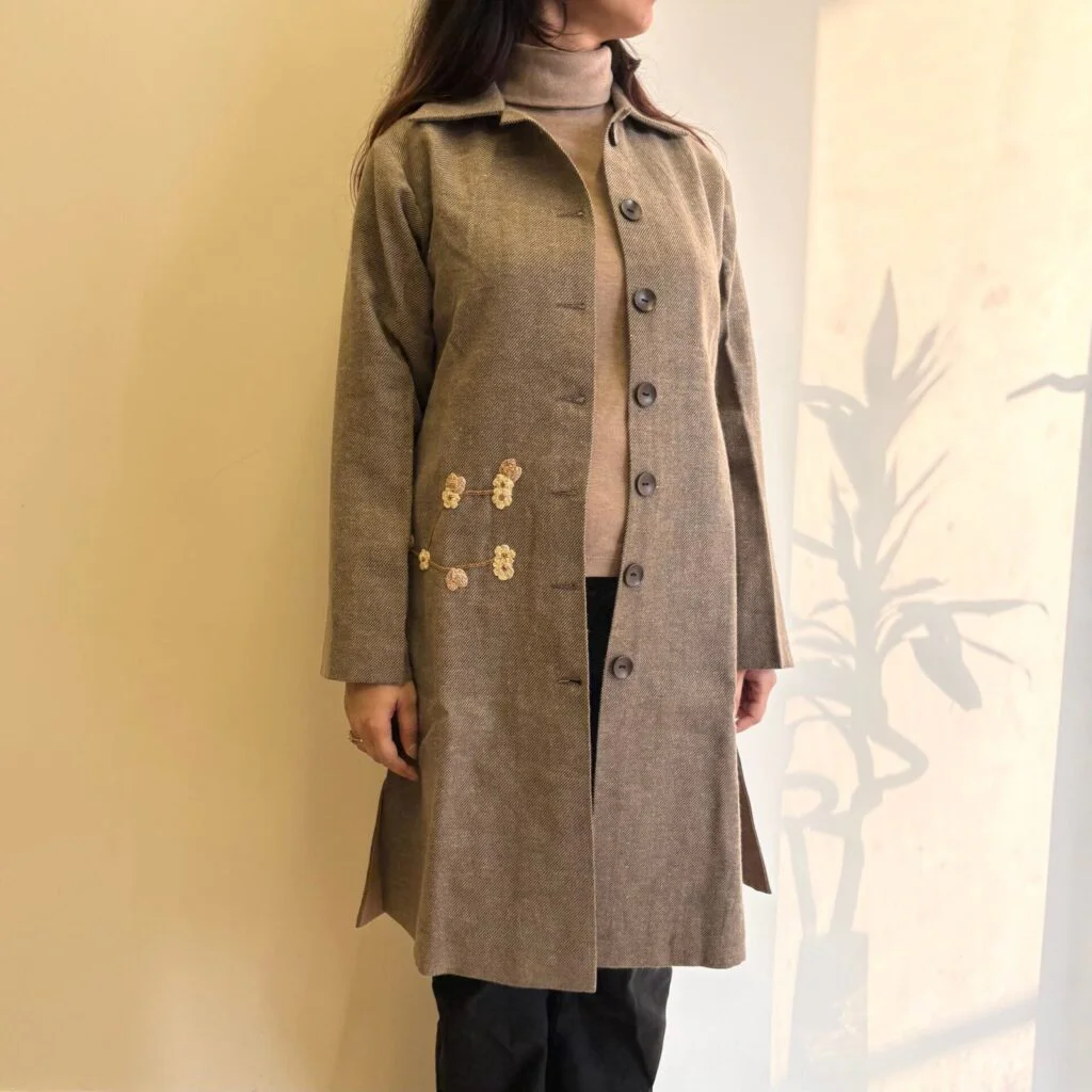 Beige Striped Straight Fit Woollen