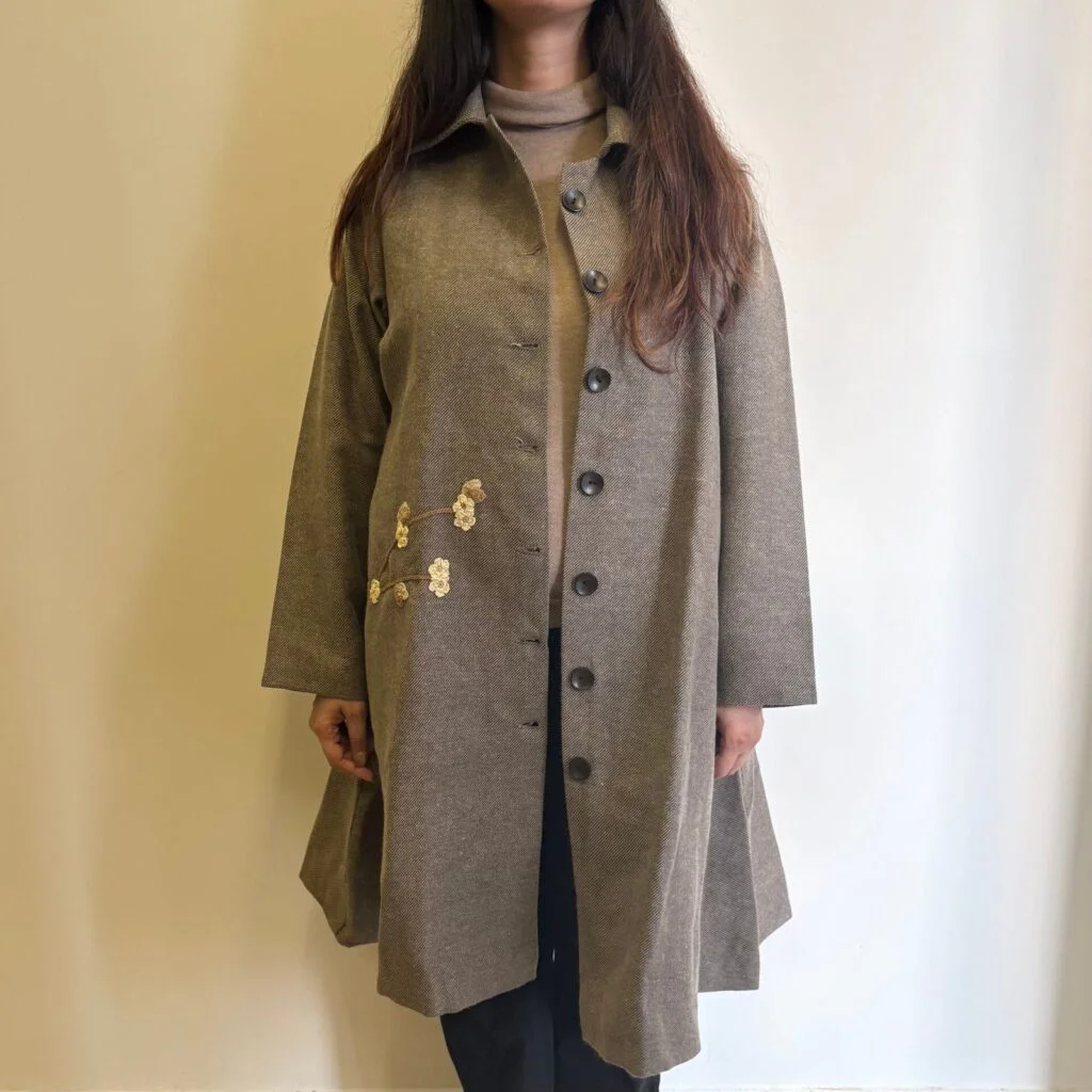 Beige Striped A-Line Woollen Jacket