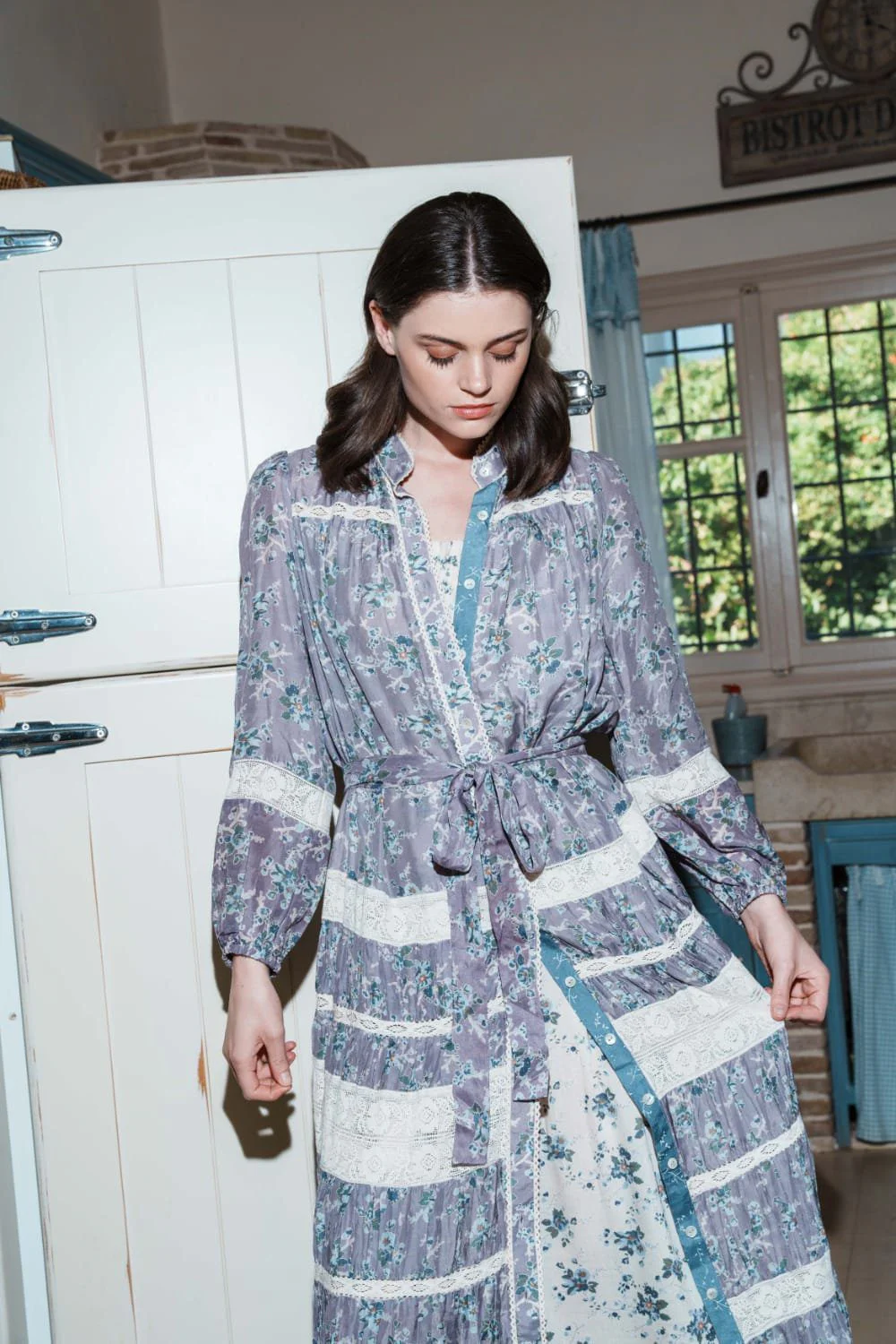 Lilac floral printed with lace inse