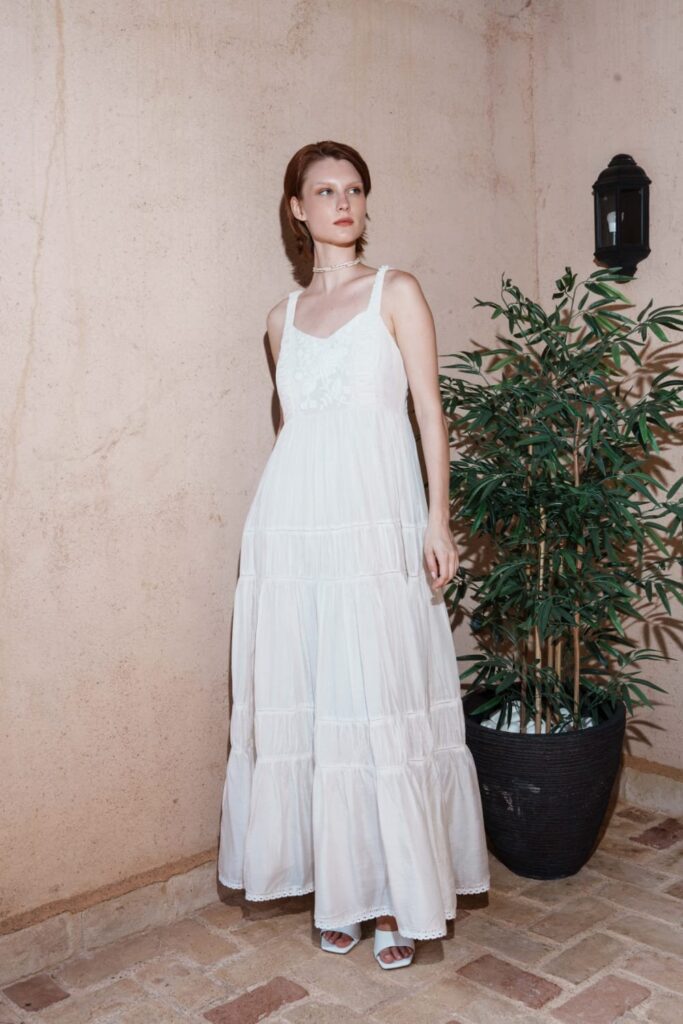 Ecru mul tiered dress with floral e