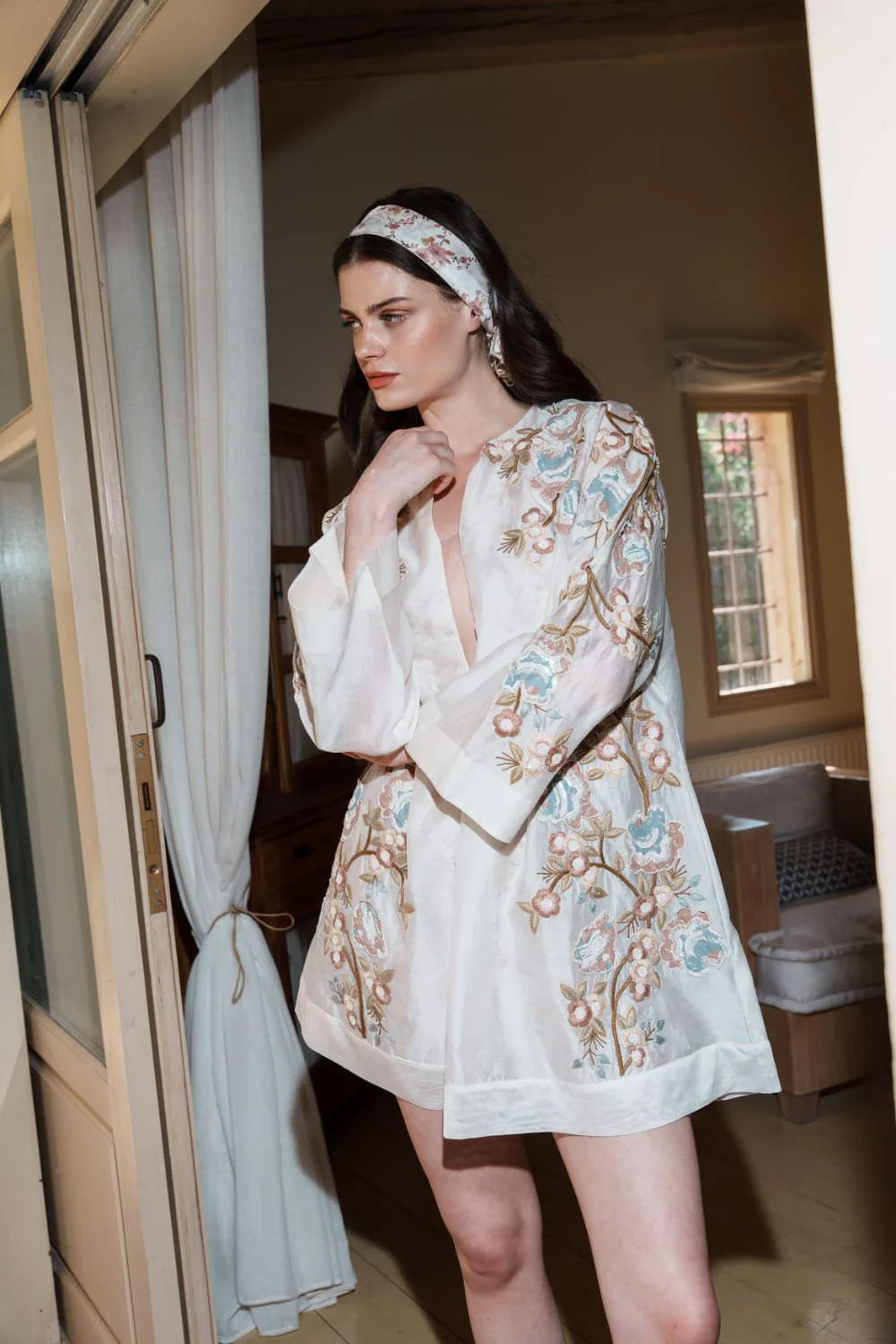 Ecru chanderi mini dress with embro