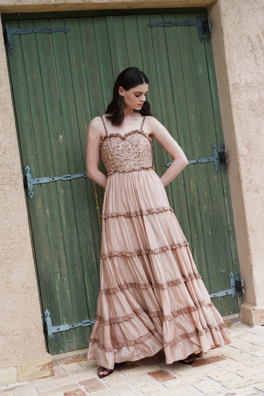 Nude mul tiered maxi with embroider