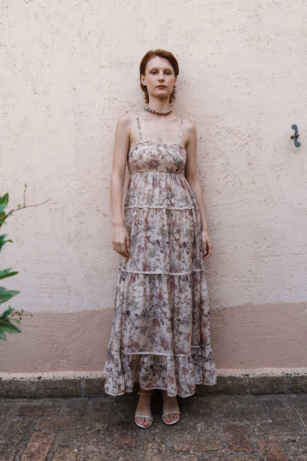 Nude chintz printed tiered midi dre