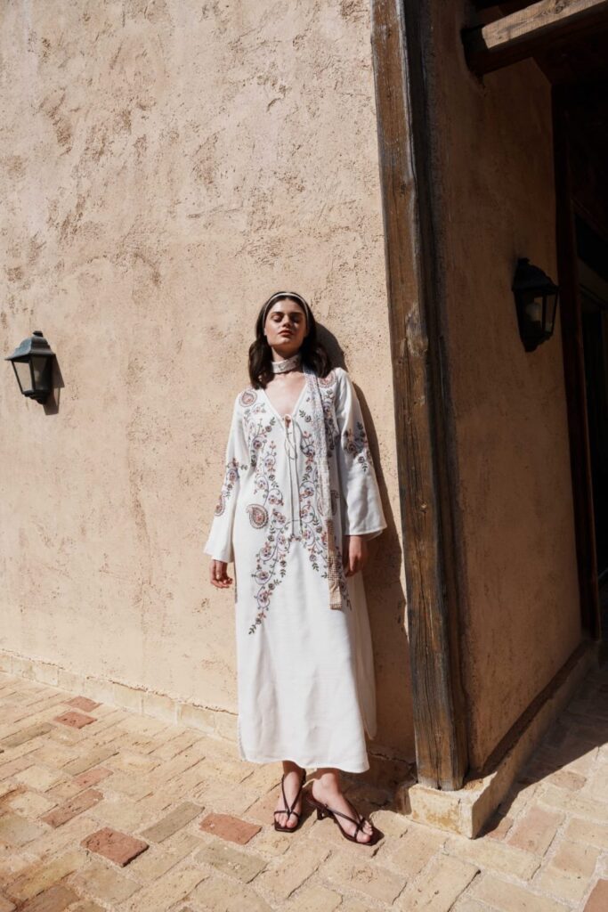 White textured paisley embroidered