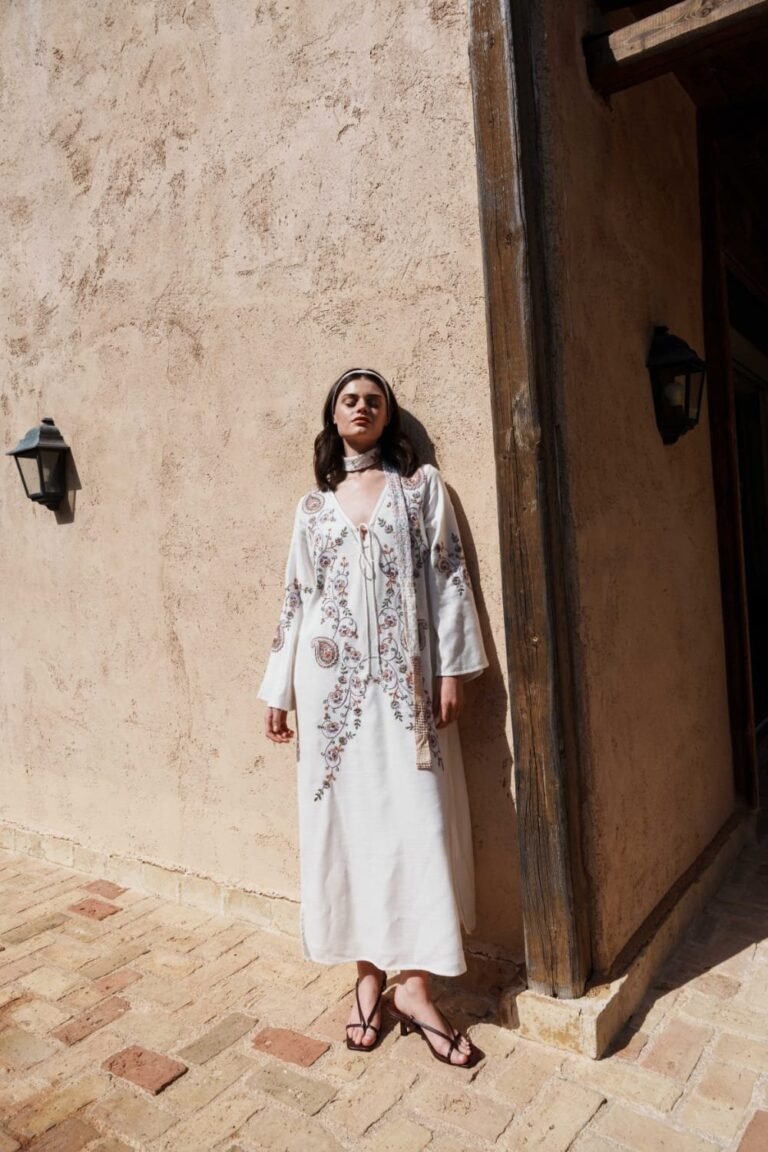 White Paisley Embroidered Kaftan