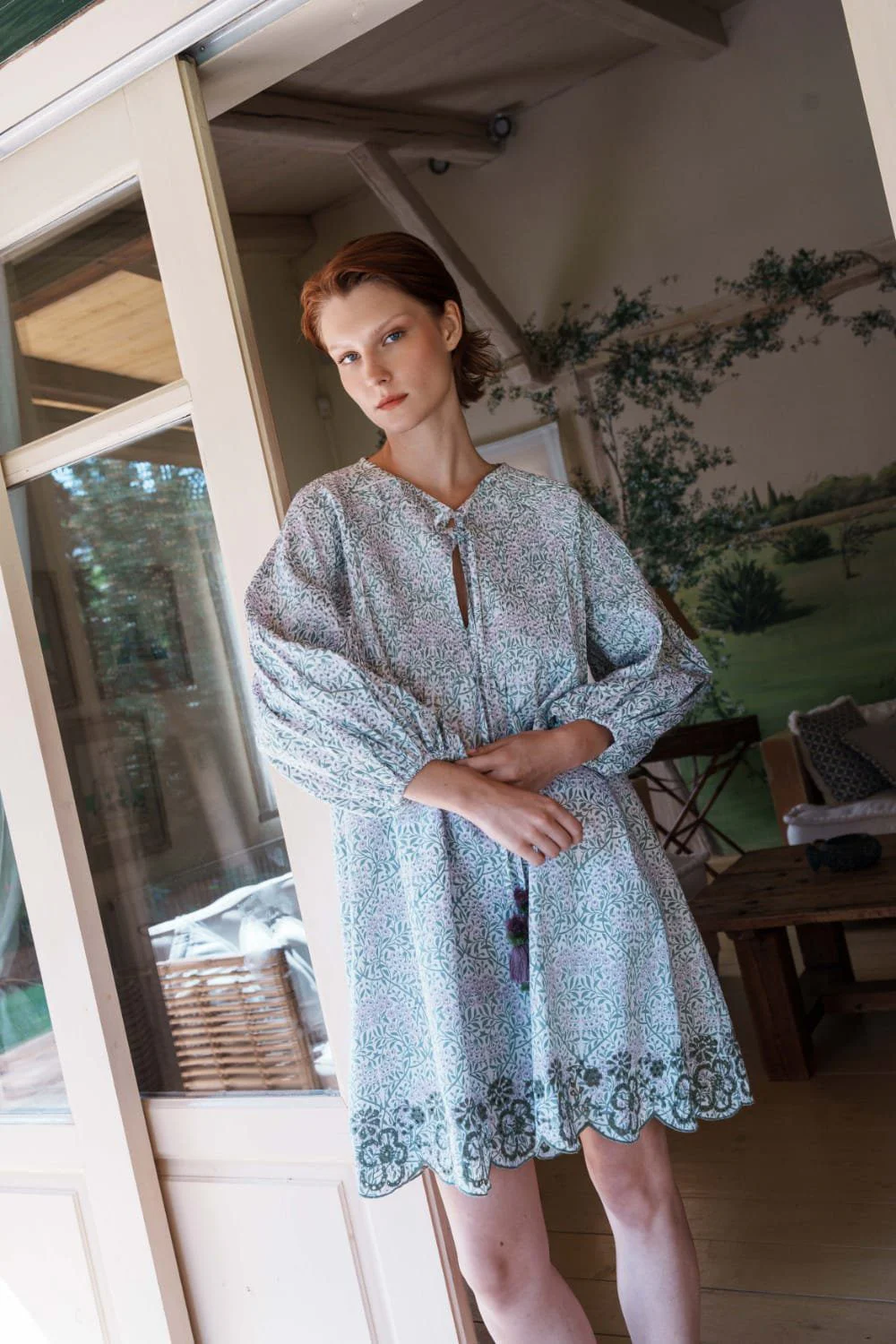 Green and lilac printed poplin dres