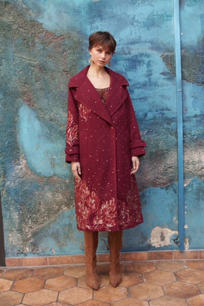 Red embroidered trench with printed