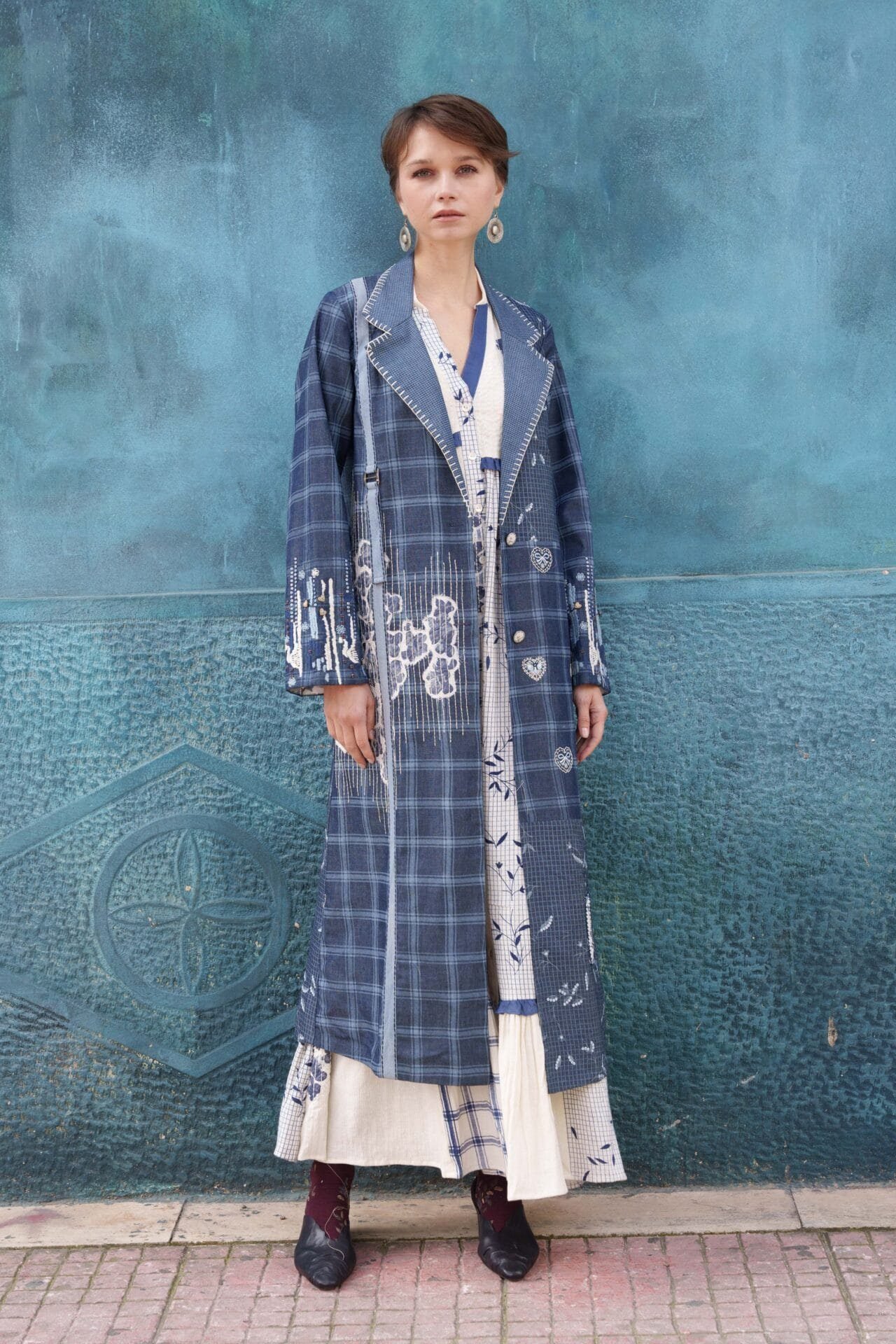 Denim printed and applique embroide