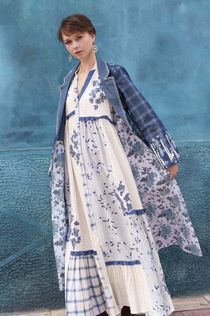Off white fabric printed and embroi