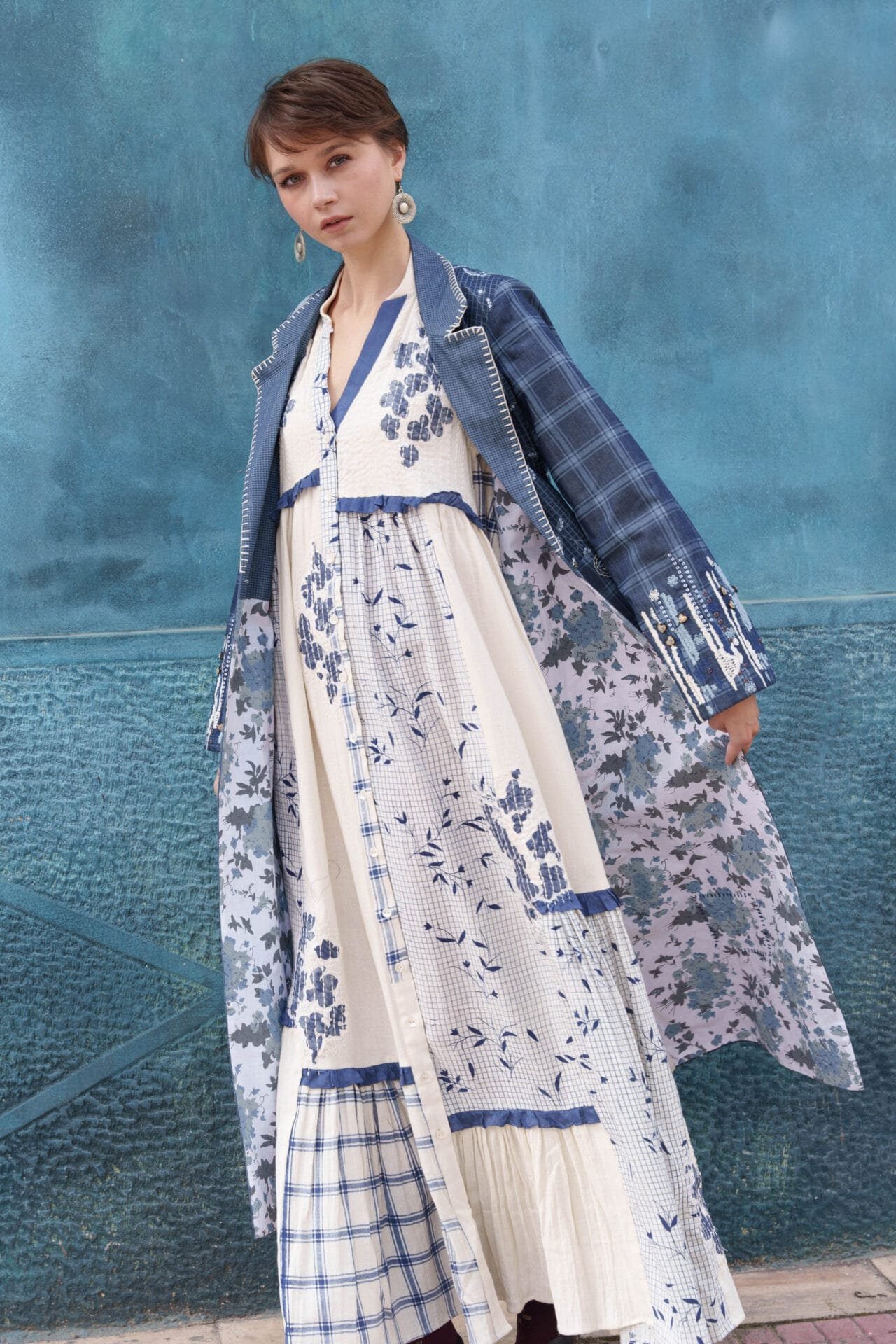 Off white fabric printed and embroi