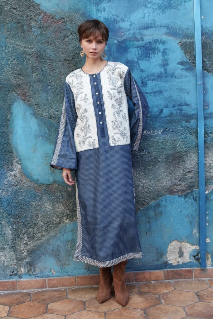 Blue denim kaftan tunic with embroi