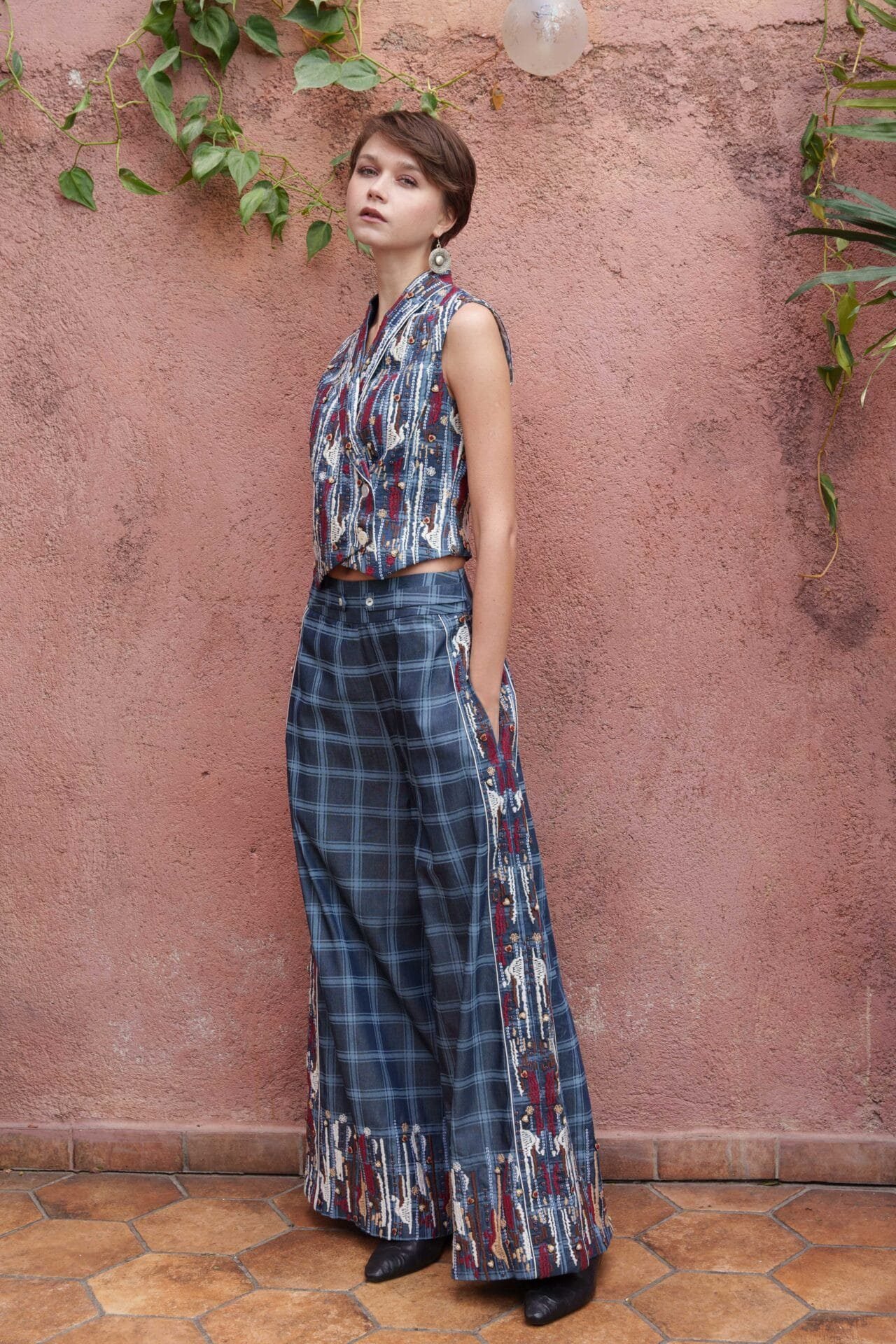 Denim checks embroidered co-ord set