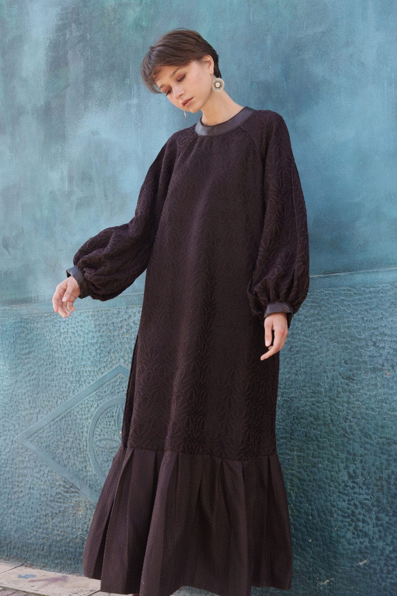 Brown embroidered midi dress