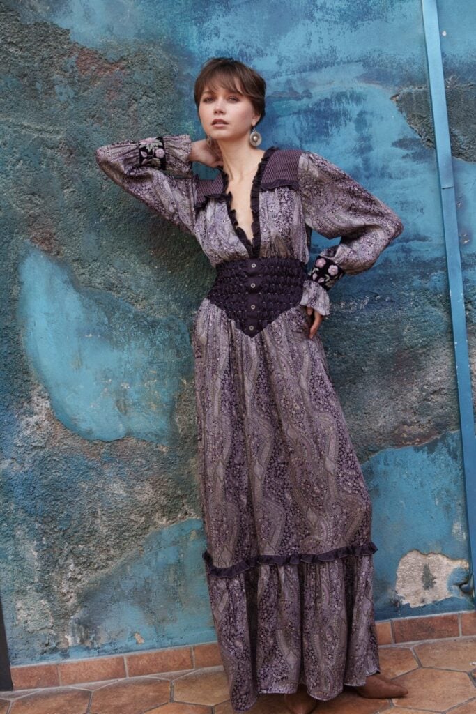 Purple paisley printed smoking maxi