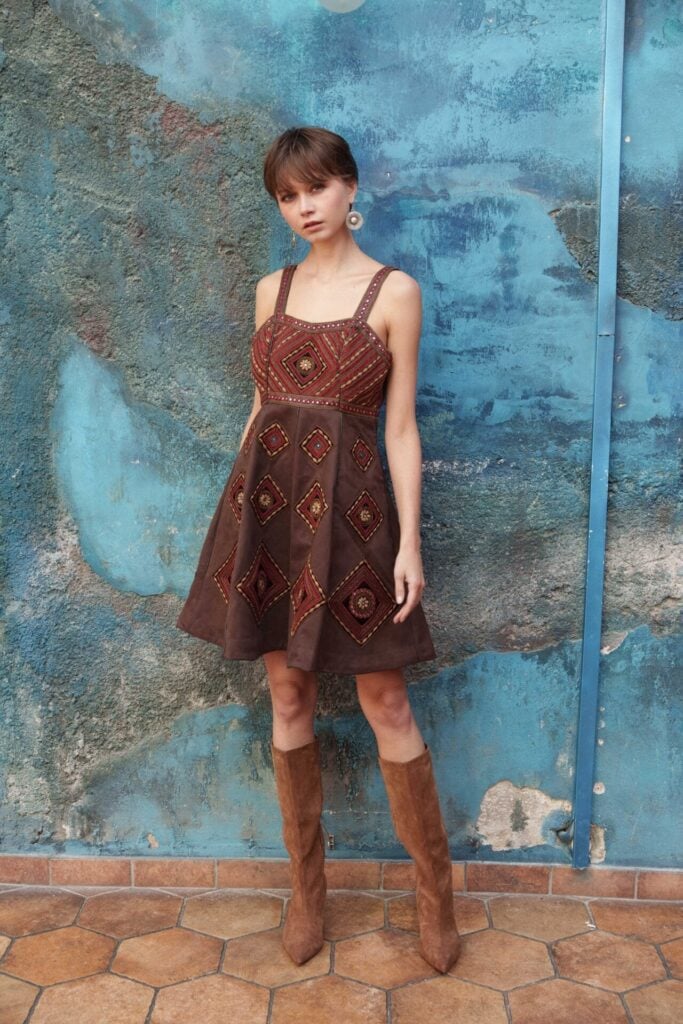 Brown suded embroidered dress
