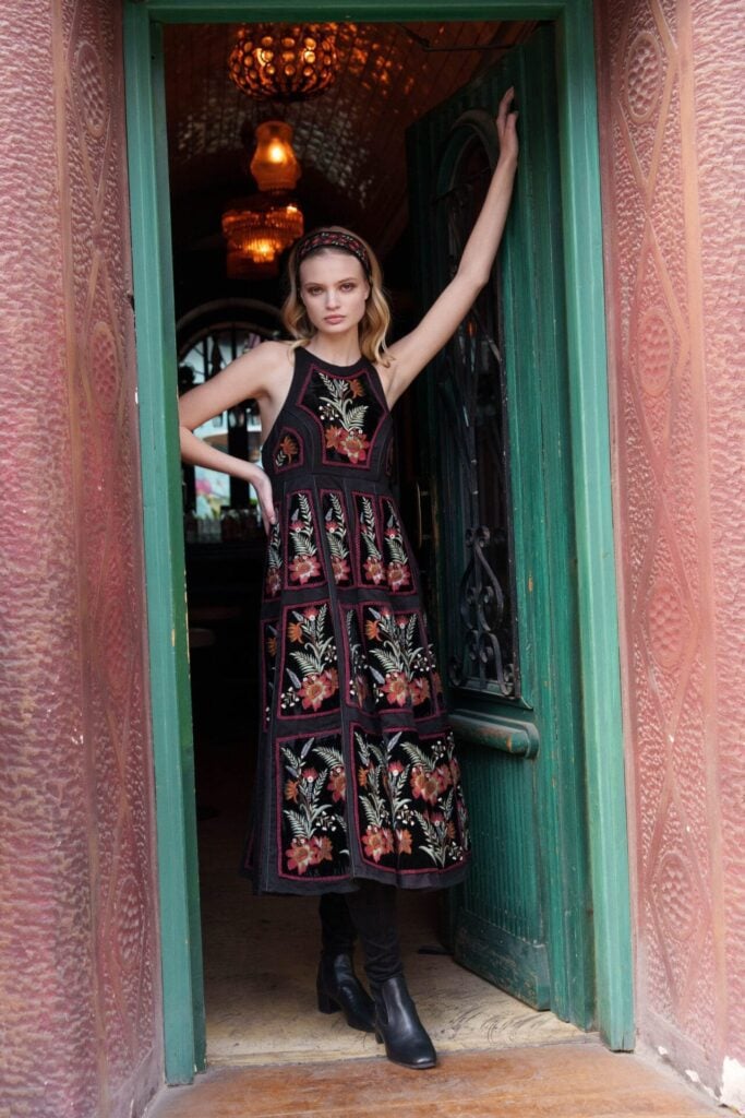 Black suede chintz embroidered midi