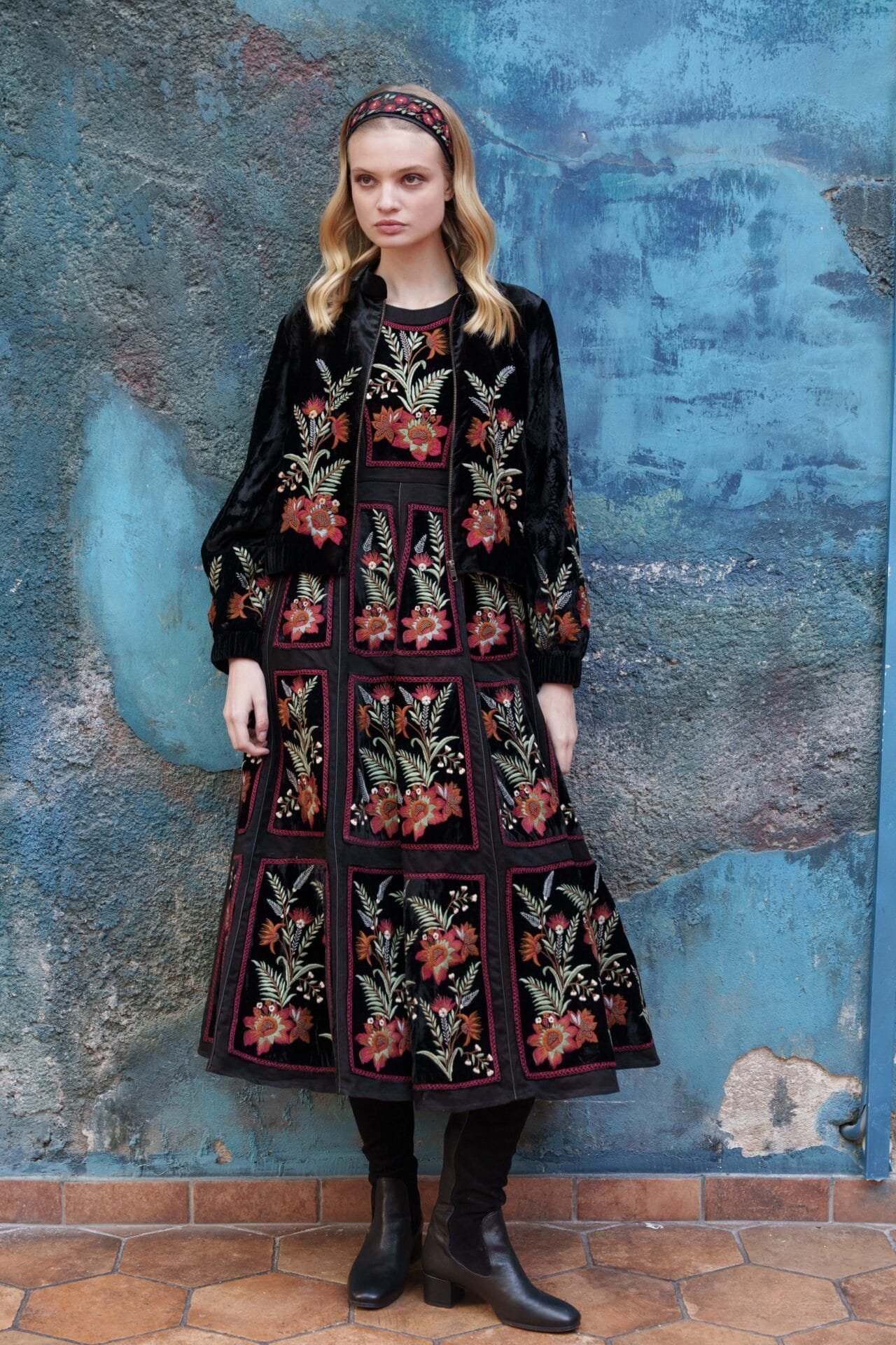 Black velvet embroidered bomber