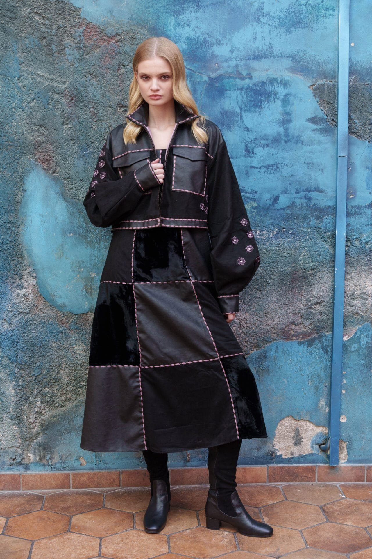 Black mixed material crop jacket