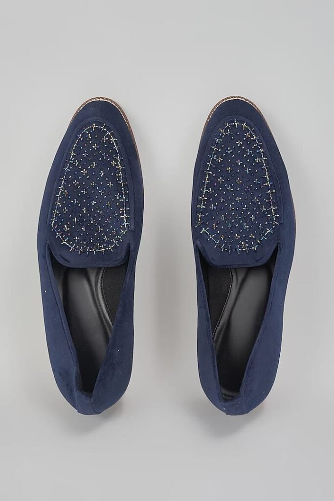 Navy Blue Embroidered Loafers