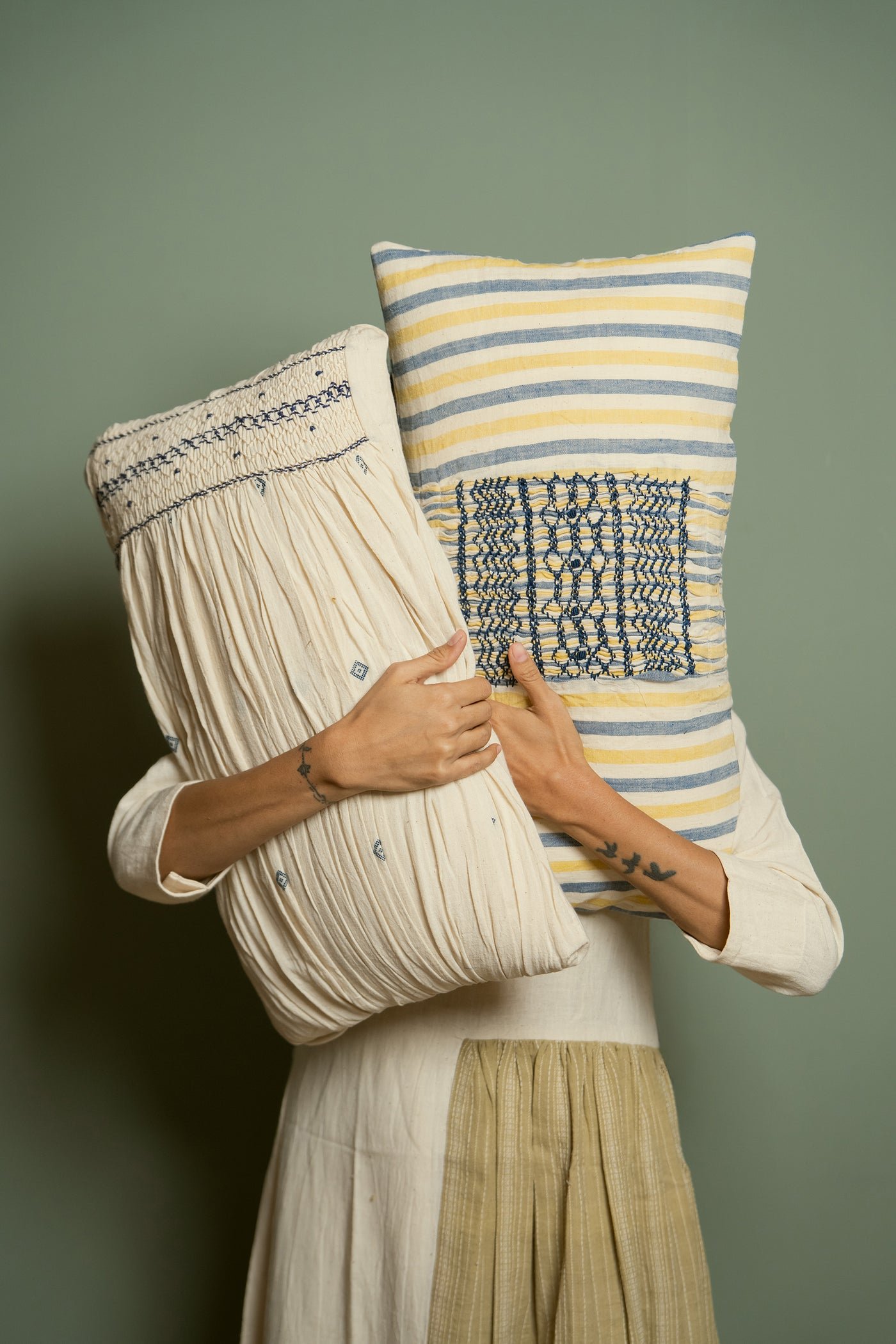 Handwoven Handsmocked Ivory Lumbar