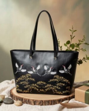 Antheia Black Embroidered Plant Leather Tote Bag Lifestyle Gifting