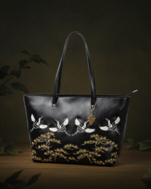 Antheia Embroidered Black Plant Leather Tote Bag Front View