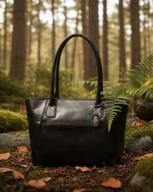 Athena Tote Bag Black Plant Based Leather Forest Setting