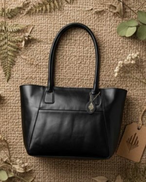 Athena Tote Bag Black Plant Based Leather Textured Flatlay