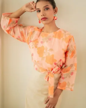 cotton silk women s orange floral print top cross over top