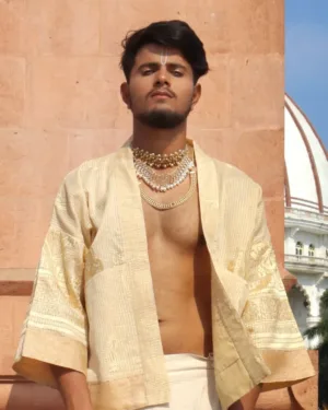 crafted from pre loved handwoven saree unisex cream golden kimono jacket yoru kimono
