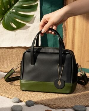 Vanadey Plant Leather Satchel Crossbody Bag Black Green Hand Held