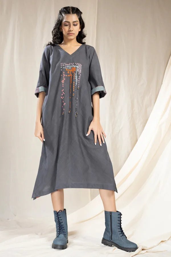 Mosaic Elegance Khadi Dress - Smoky
