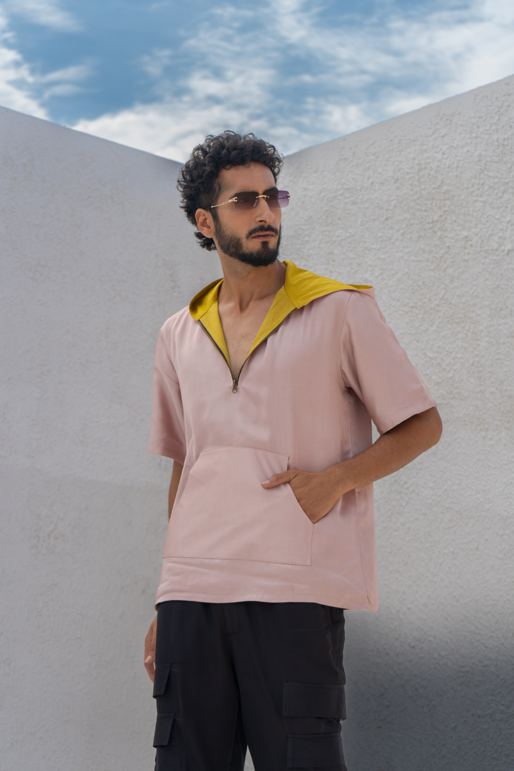 Pink and Yellow Color-Block Hoodie
