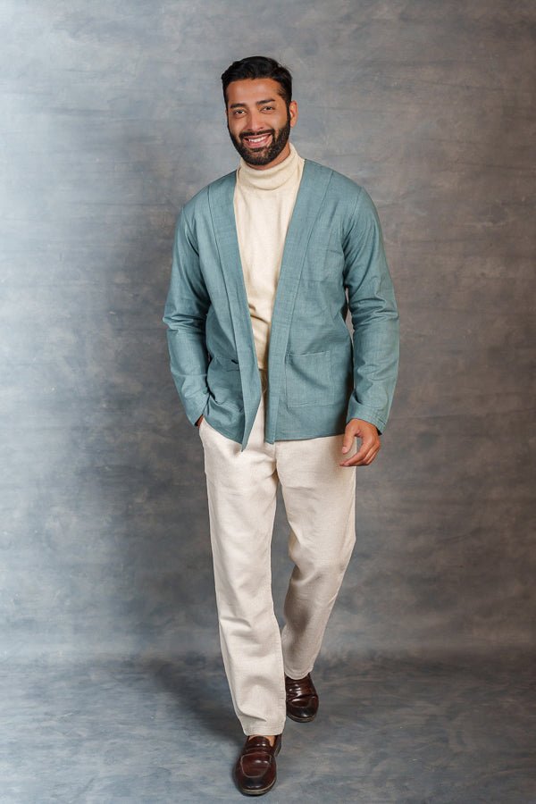 ’s Aqua Green Khadi Casual Jacket