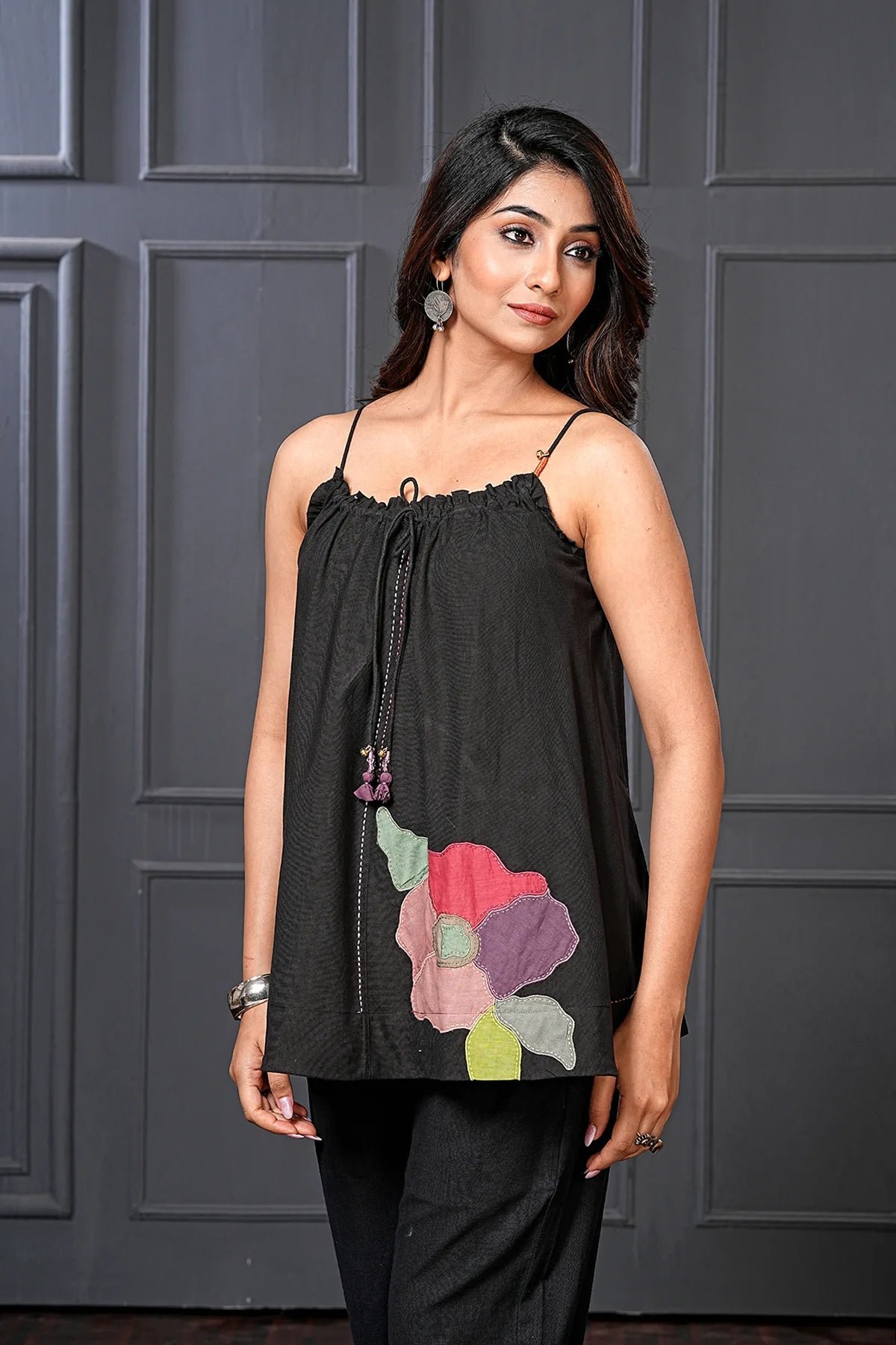 Black Cotton Floral Flared Top