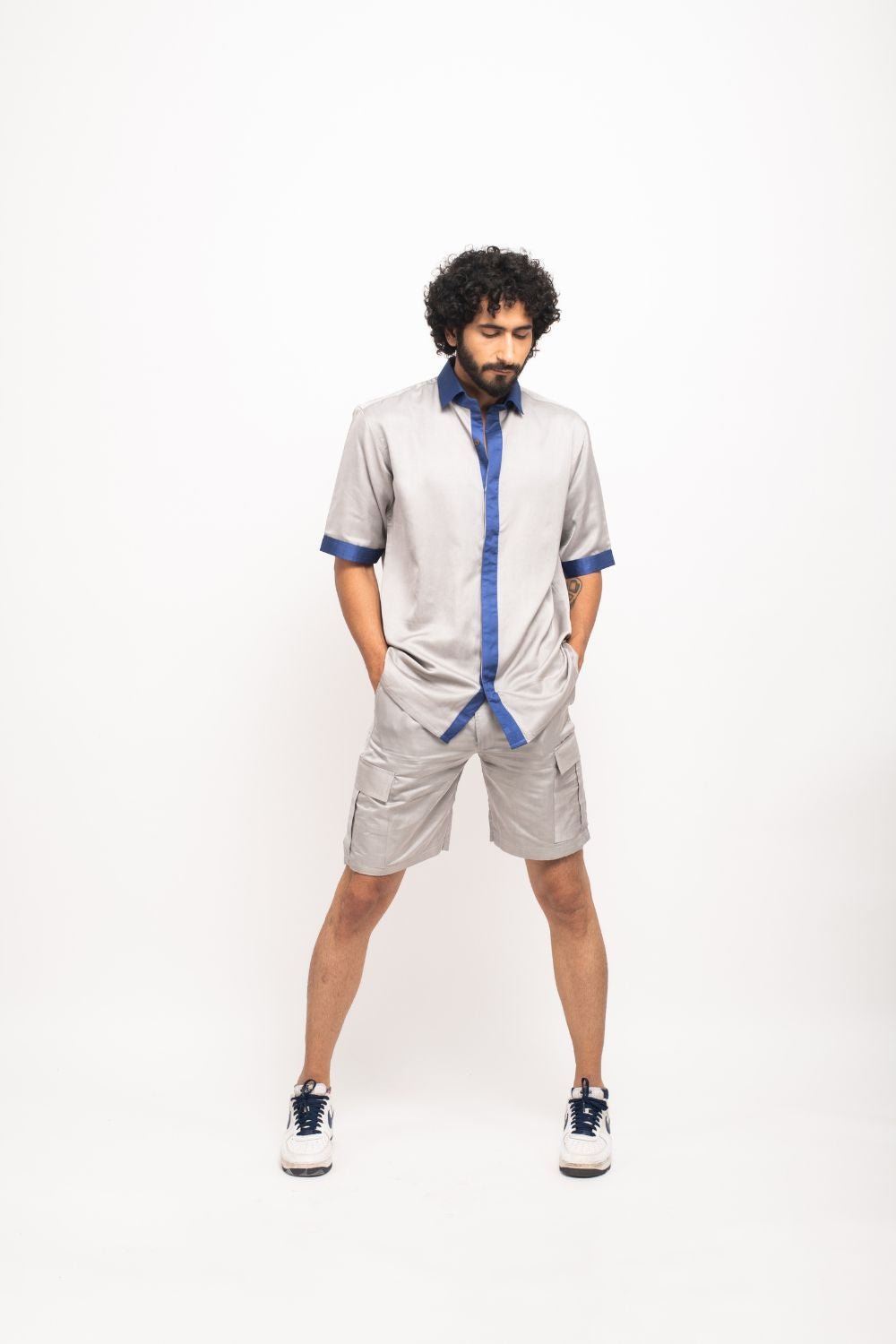 Grey Blue Collar Colorblocked Co Ord Setshorts