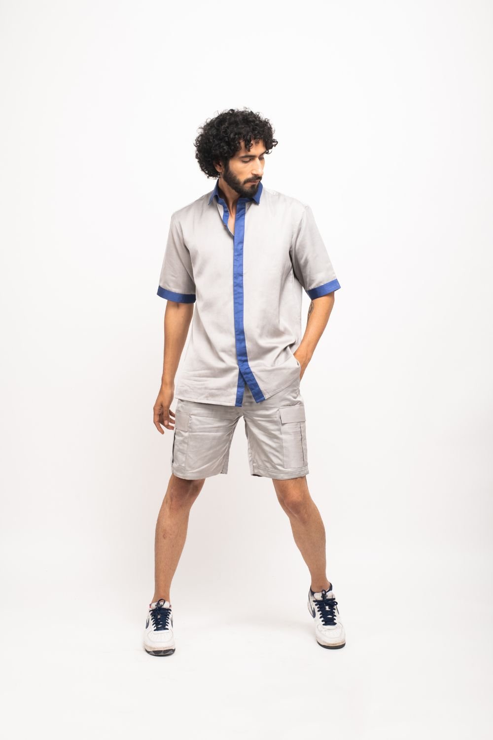 Grey Blue Collar Colorblocked Co Ord Setshorts 2