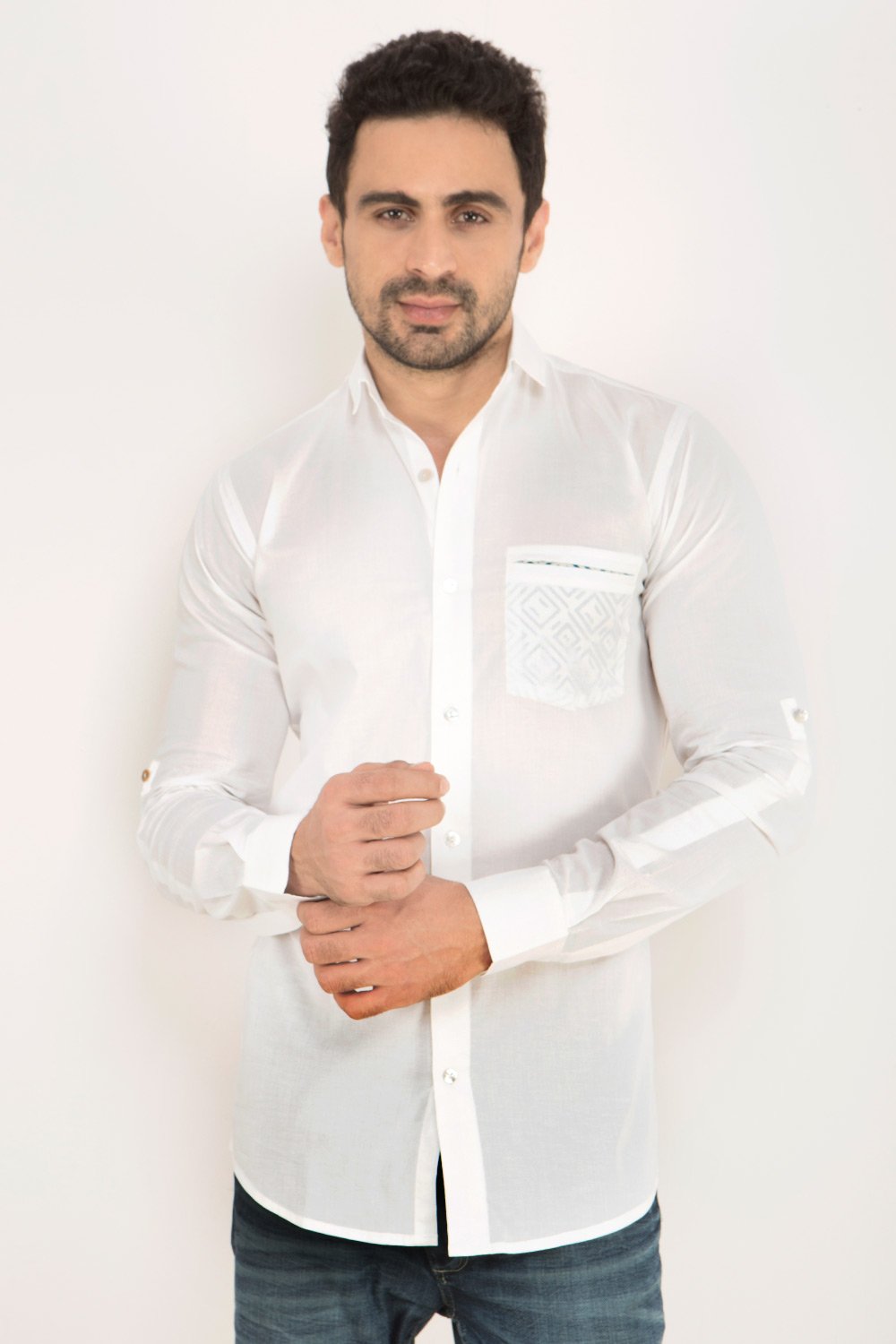 White Geo-Pocket Yoke Shirt